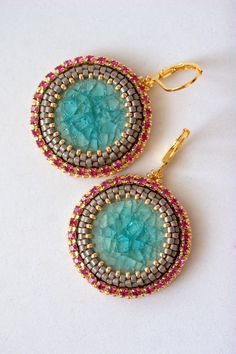 Bead Embroidered Earrings Turquoise Porcelain by ZuziHake on Etsy Bohemian Jeweled Beaded Earrings For Gifts, Handmade Round Beads For Jewelry Making, Gold Beaded Pendant Earrings, Festive Turquoise Beaded Jewelry, Handmade Gold Beads And Cabochons For Jewelry Making, Festive Turquoise Beaded Earrings, Turquoise Earrings With Tassels And Round Beads, Silver Beaded Gems And Cabochons, Pink Round Jewelry With Bead Caps