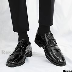 Russoo - Professional Mens Cap-toe Faux Patent Lace-up Shoes: Breathable, Anti-skid Footwear Ideal for Business Office Wear in Spring, Summer, and Autumn Black Dress Shoes With Round Toe For Winter, Mens Skate Shoes, Mens Rain Boots, Mens Canvas Shoes, Mens Snow Boots, Novelty Clothing, Mens Loungewear, Mens Casual Dress, Big And Tall Outfits