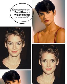 four different pictures of the same woman with short hair and brown eyes, including one in black