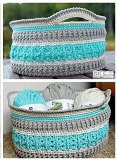 crocheted basket with yarn in it and the bottom is blue, grey and white