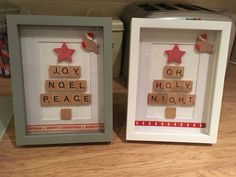 two framed scrabbles with the words joy, noell, peace and christmas written on them