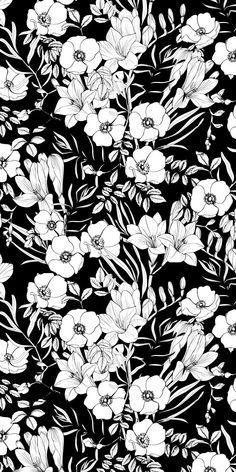 black and white flowers on a black background