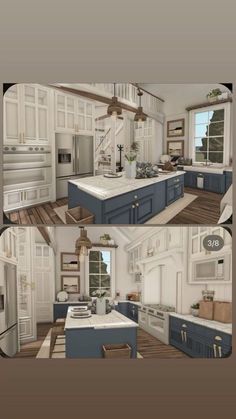 Bloxburg House Color Palette, Color Scheme For Bloxburg House, Suburban Interior Bloxburg, Kitchen Ideas Blocksburg, Bloxburg Bedroom Color Schemes, Blue Bloxburg Kitchen, Winter Bloxburg Kitchen, Blockburg Kitchen Idea, Good Bloxburg House Layouts