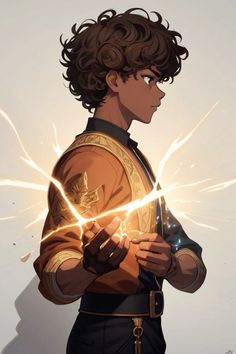 a young man with curly hair holding a lightening wand in his hand and looking at the