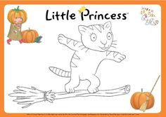 the little princess coloring page with a cat on a branch and pumpkins in the background