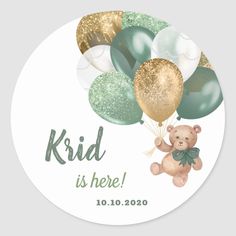 a round sticker with balloons and a teddy bear