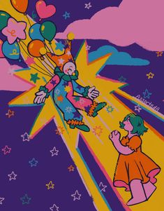 an image of two children playing with balloons in the sky and stars on the ground