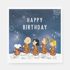 peanuts on the moon happy birthday card with spaceman, snoop and friends in orange outfits