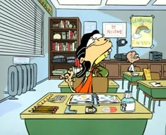 a cartoon character sitting at a desk in front of a book shelf with books on it