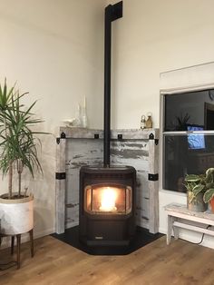 a wood burning stove in a living room