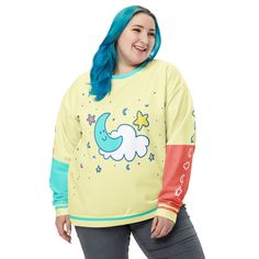 This whimsical and comfy sweatshirt features a one of a kind hand drawn cartoon by Jess Castle with a cute moon, star, and cloud accent on the sleeves! Who says you have to grow up anyway? Show off your playful and kawaii side with this unique design! Want this design on a hoodie? Check it out here - https://etsy.me/3EvcVnD What about a t-shirt? https://etsy.me/3xFhUhU * 70% polyester, 27% cotton, 3% elastane * Fabric weight: 8.85 oz/yd² (300 g/m weight may vary by 2% * Soft cotton-feel face * Brushed fleece fabric inside * Unisex fit Cute Pastel Aesthetic, Aesthetic Kidcore, Stars Sweater, Cute Pastel, Sweater Cute, Star Sweater, Comfy Sweatshirt, Elastane Fabric, Moon Stars