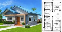 two story house plan with garage and living room in the front, one bedroom on the second