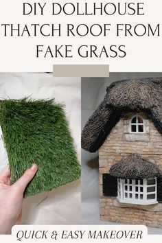 a fake grass that looks like a house is shown with the words, diy dollhouse thatch roof from fake grass quick and easy makeover