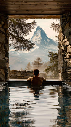 a man sitting in a swimming pool looking out at the mountains and snow capped peaks