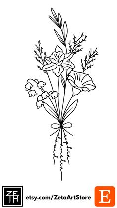 a black and white drawing of flowers with the letter e in the middle, on a white background