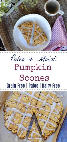 pumpkin scones with white icing on top and the words palen most in front