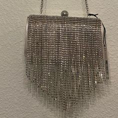 Dillard’s Brand Rhinestone Fringe Clutch Evening Bag Chain Crossbody Detachable Blush Under The Rhinestone Fringe Silver Clutch Bag For Night Out, Silver Clutch For Night Out, Silver Bling Bags For Night Out, Chic Silver Bags With Rhinestones, Silver Evening Bag With Bling For Night Out, Glamorous Evening Bag With Rhinestone Fringe, Silver Embellished Crystal Bag, Silver Crystal Embellished Bags, Silver Embellished Crystal Bags