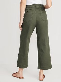 High-Waisted Cropped Wide-Leg Chino Pants for Women | Old Navy Cheap Workwear Cropped Leg Capris, Plus Size Summer Office Outfits, Green Wide Leg Pants Outfit, Pants For Short Women, Cute Mom Outfits, Teacher Pants, Fresh Crop, Olive Jeans, Cropped Chinos