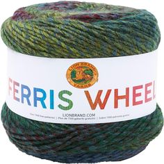 a ball of yarn with the words ferris's wheel on it in red, green and blue