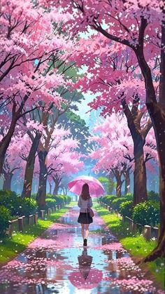 a painting of a woman with an umbrella walking down a path lined with cherry blossom trees