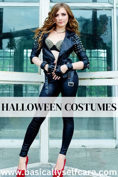 a woman wearing black leather clothes and red shoes with the words halloween costumes on it