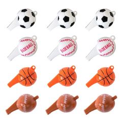 a group of sports themed items including balls and whistles