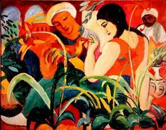 an image of a painting with people and plants in the foreground, one woman holding a bird