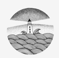 a drawing of a lighthouse on top of waves