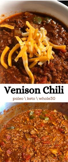 two pictures with different types of chili in them and the same one has cheese on top