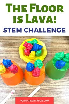 picture contains three plastic cups and a plastic plate on a table. On top of each plastic item are small counter bears of multiple colors. Stem For Second Grade, First Grade Steam Activities, The Floor Is Lava Stem Challenge, Popsicle Stick Stem Activities, Stem Challenge Kindergarten, November Stem Activities, Low Prep Stem Challenges, Kindergarten Stem Challenges, November Stem