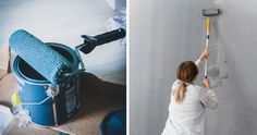 a woman is painting the walls in her house and she is using a paint roller