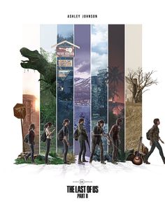 the last of us movie poster with people and dinosaurs in different stages of life, from left to right