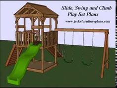 a wooden swing and climb play set with green slide on the bottom right hand side