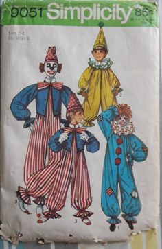 two children's clown costumes, one wearing a clown hat and the other in striped pants