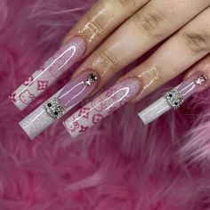 Lv Nails, Kitty Nail, Kitty Nails, Punk Nails, Stickers Shop, Long Acrylic Nail Designs, Nails Design With Rhinestones, Long Acrylic Nails Coffin, Long Acrylic