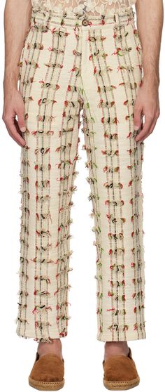 Handcrafted plain-woven cotton trousers. Check pattern and fringe detailing throughout. · Belt loops · Four-pocket styling · Zip-fly Supplier color: Multi Cotton Pants With Tassels For Spring, Spring Cotton Pants With Tassels, Trousers Details, Floral Trousers, Embroidered Pants, Cotton Trousers, Woven Cotton, Drawstring Pants, Check Pattern