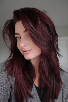 Browse more than 30 gorgeous burgundy hair ideas on our blog that are sure to inspire your next dye. From the dark mahogany hair color you see here to deep, luxurious maroon shades, find your next hair inspiration here! Click to see all the shades now and pin your favorites! Burgundy Hair For Pale Skin, Hair Dye Ideas Burgundy, Mid Length Haircut Red Hair, Dark Red Brown Hair Color Burgundy, Dark Burgundy Hair Short, Wine Hair Colour For Indian Skin, Dark Crimson Hair, Dark Natural Red Hair Color, Red Hair Olive Skin Tone Brown Eyes