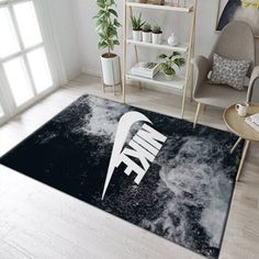 a black and white rug with the word think on it