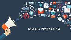 a hand holding a megaphone with the words digital marketing above it and icons surrounding it