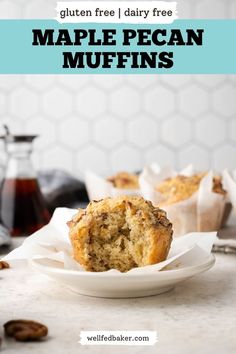 A gluten free maple pecan muffin with a bite taken out sitting on a small plate. Maple Pecan Muffins, Maple Pecan Sweet Potatoes, Pecan Muffins Recipe, Gluten Free Dairy Free Breakfast, Dairy Free Breakfast, Gluten Free Pecan, Pecan Muffins