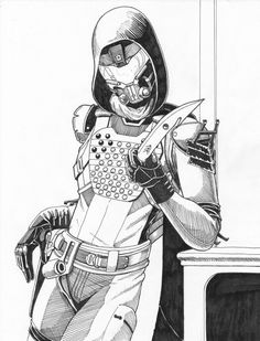 a black and white drawing of a man in armor