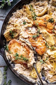 chicken and artichoke pasta in a skillet