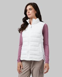 32 Degrees White _ Women's Lightweight Poly-Fill Packable Vest {model: Katie is 5'10" White Sleeveless Outdoor Vest, White Sleeveless Outdoor Outerwear, White Outdoor Vest For Fall, Lightweight Vest, Free Label, Vest White, Mens Gloves, Womens Vest, Stand Collar