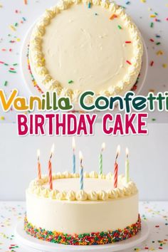 vanilla confetti birthday cake with white frosting and multicolored sprinkles