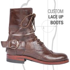 Get yourself a pair of Atitlan Leather's custom leather boots!  The 100% leather soles are hand stitch using the Good Year Welt construction method to ensure only the BEST quality leather soles.  Choose from over a dozen different types and colors of leather.  Our PDF guides you step by step on how to accurately measure your foot for the perfect fit every time.  Don't like the buckle?  Leave a note and we'll make it without the buckle.  Want a zipper on the size instead of having to lace up the Victorian Boots, Handmade Leather Boots, Womens Booties, Brogue Boots, Custom Boots, Hand Stitch, Booties Ankle Boots, Good Year, Handmade Lace