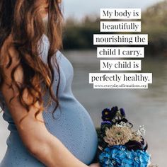 a pregnant woman holding a bouquet of flowers with a quote from her on the side