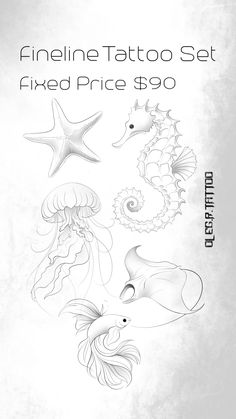 an advertisement for a tattoo parlor with sea animals and starfishs on white paper