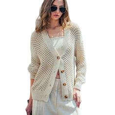 This Cardigan Is The Perfect Statement Piece For Any Wardrobe. Featuring A Ribbed Hem, Open Knit, Long Sleeves And A Button-Down V-Neck, This Cardigan Offers A Structured Look While Maintaining A Comfortable Fit. Ideal For Layering, This Timeless Piece Is A Great Way To Elevate Any Look. V-neck Cardigan With Buttons For Day Out, Knit Sweater With Buttons For Day Out, Knit Button Sweater For Day Out, Casual Cardigan With Buttons For Day Out, Spring Sweater For Layering With Buttons, Knit Cardigan With Buttons For Day Out, Knit Cardigan With Button Closure For Day Out, Knit Button Cardigan For Day Out, Day Out Knit Cardigan With Button Closure