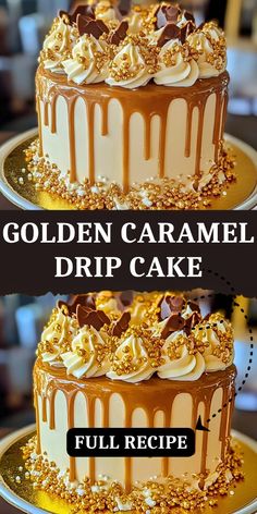 two cakes that have been decorated with gold and caramel drip cake frosting on top