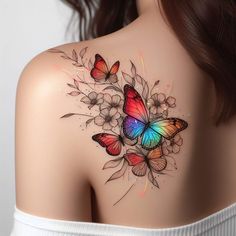 a woman's back with butterflies and flowers on her upper shoulder, painted in watercolor